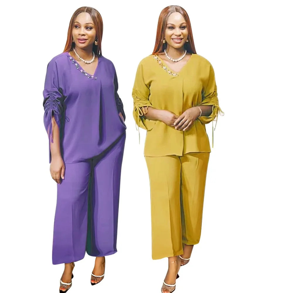K0069 Casual Flare Two Pieces Long Sleeve Top Wide Leg Pants Loose Set African Women Elegant Style Clothes Sets