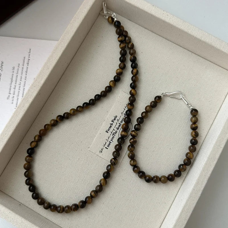 925 Sterling Silver Handmade Tiger Eye Beads Beaded Bracelets Necklaces Women Fine Jewelry