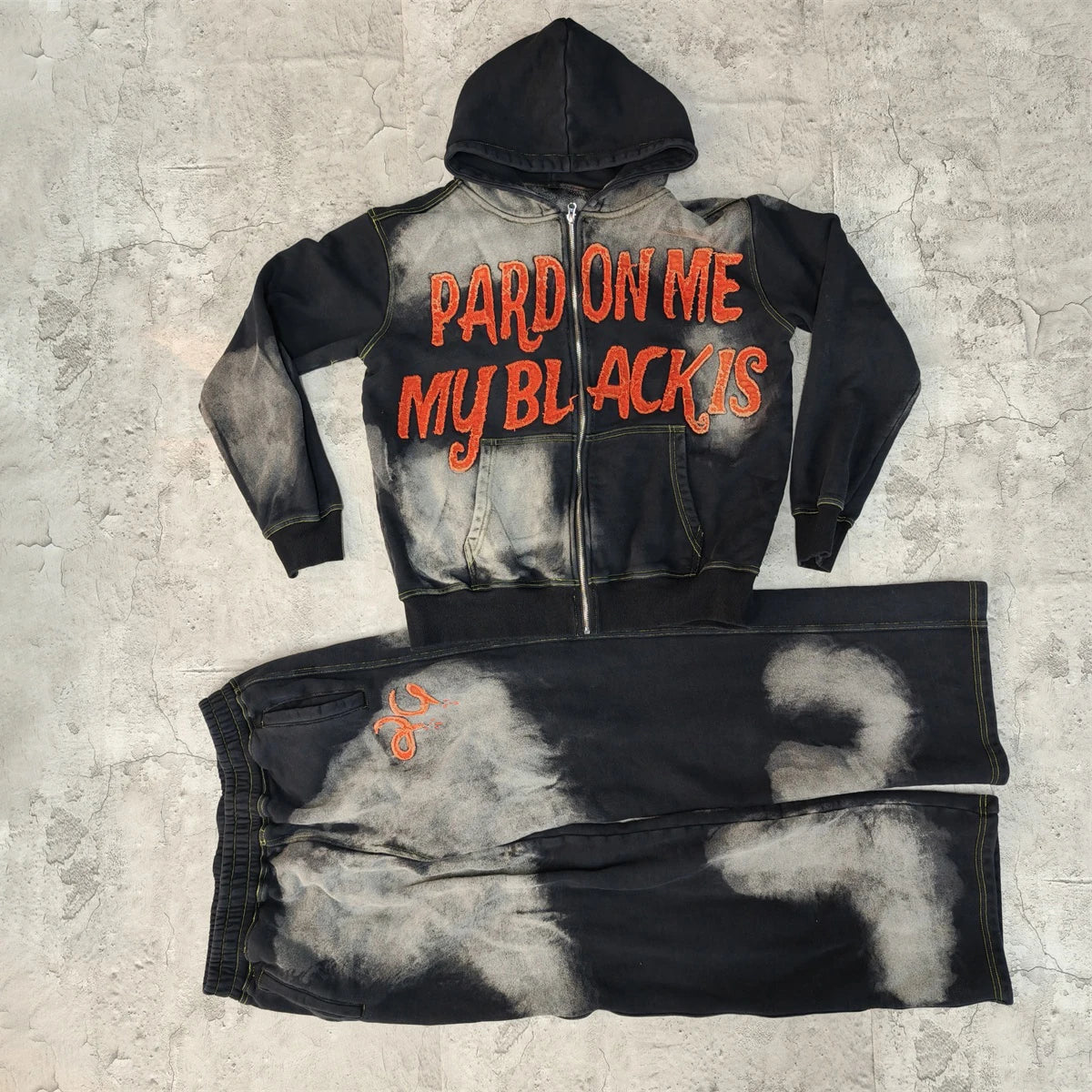 OEM Streetwear Heavyweight Sun Faded Sweatsuit Two Piece Sets Acid Wash Tracksuit Distressed Applique Patch Hoodie Set