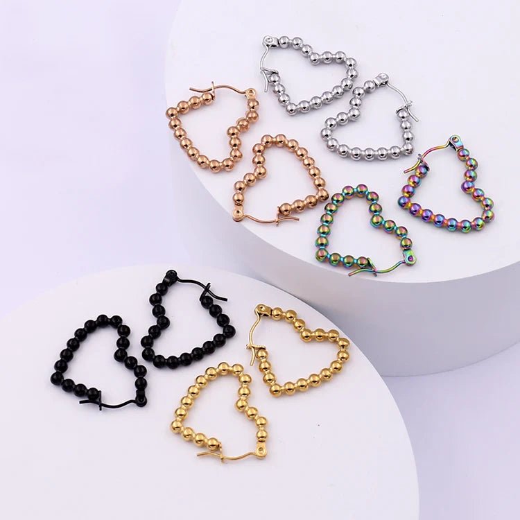 French Style Colorful 18K Gold Plated Stainless Steel Ball Beaded Heart Hoop Earrings Minimalist Heart Hoops Earrings for Women