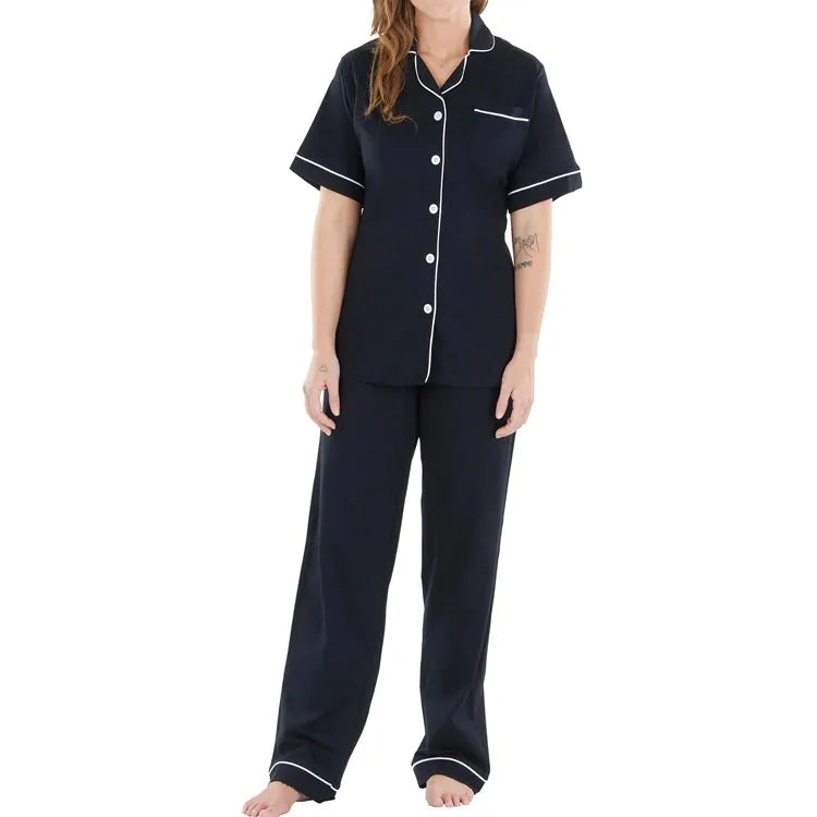 Women's Cotton Pajamas Set Custom Short Sleeve Shirt Pajama and Pants Pajama Set