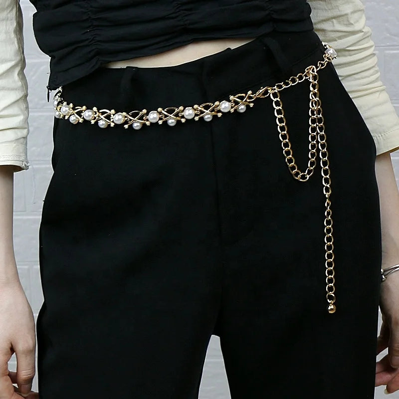 Ladies Dress Shirt Waist Chain Belt Chic and Stylish Fashion Pearl Accessory Jewelry
