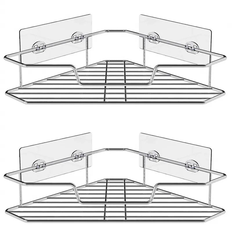 Modern Stainless Steel Corner Bathroom Shower Shelf Wall Mounted Adhesive Triangle Baskets Kitchen Storage Basket