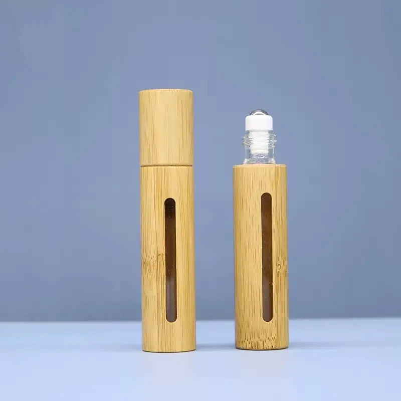 Customized logo 5ml 10ml  Bamboo  Roller on Lip Oil Glass Bottle  with Natural Bamboo Screw Cap Stainless Ball  for Lip Oil