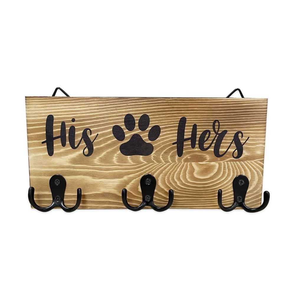 Rustic Wall Mounted Wood Dog Leash Hook His Hers Paws Key Holder Hanger