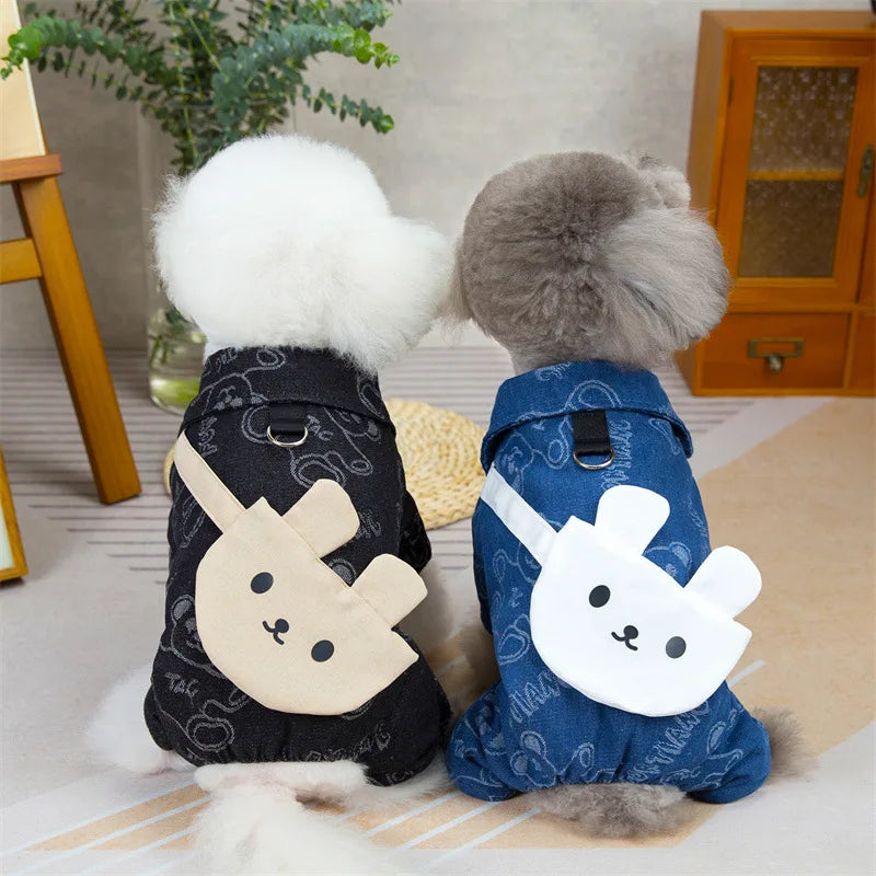 Luxury Four-Legged Cowboy Pet Clothes Classic Cotton-Padded Teddy Bear Pattern Sustainable Jean Dog Coat Jacket for Dogs Cats