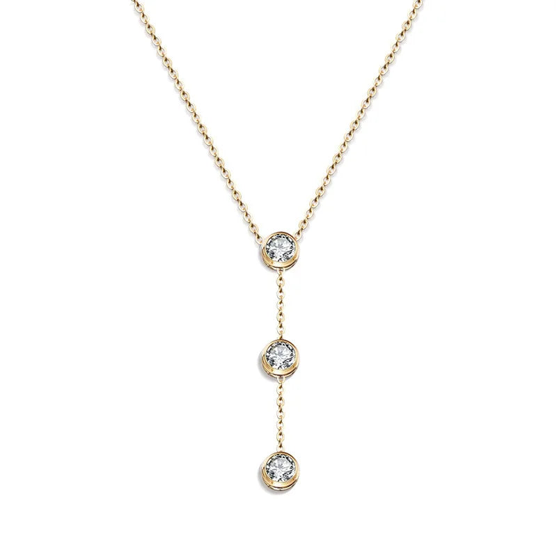 Fashion IP Plating Stainless Steel 18K Gold Plated Y Shaped 3 Zircon  Pendant Necklace