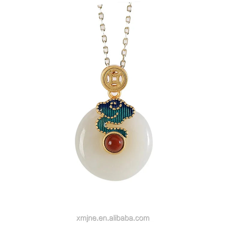 Certified S925 Silver Inlaid Natural Hetian Jade Ping an Buckle Cloisonne Auspicious Cloud Pendant Silver Gold Plated White Jade