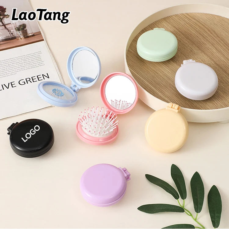 Customized Logo Solid Color Mini Folding Comb Hair Brush Travel Circular Pop-up Comb With Mirror