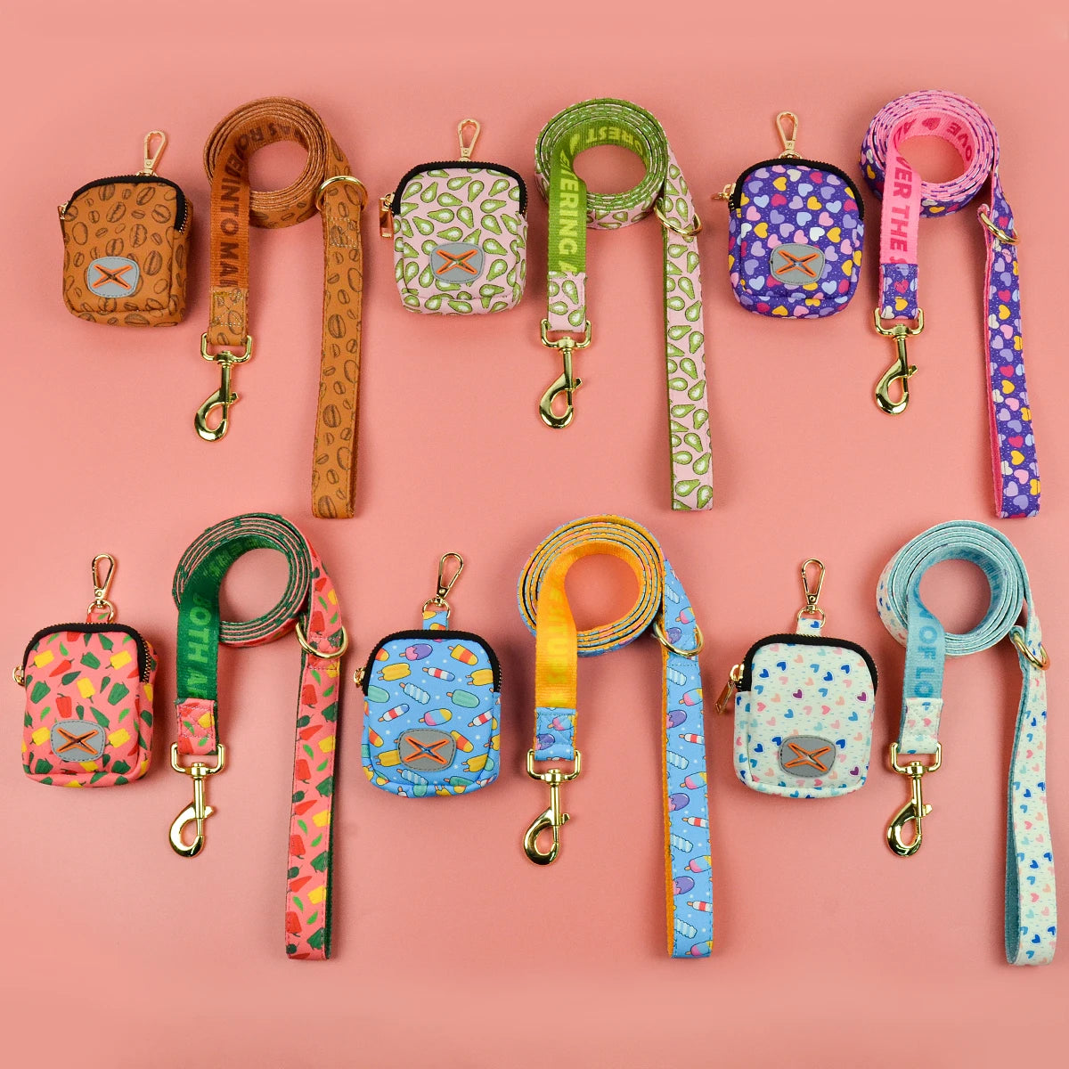 MIDEPET Cute Bright Dog Leash Poop Bag Holder Kit Floral Printed Double Sided New Year Valentine's Day Gift Polyester Ribbons