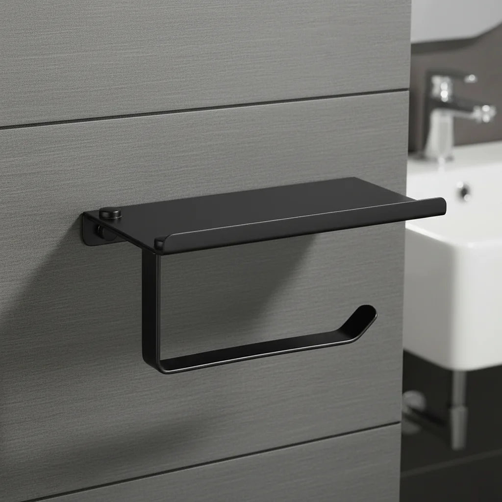 HF 304 Stainless Steel Modern Hotel Bathroom Accessories Wall Mounted Matte Black Toilet Paper Roll Holders with Shelf