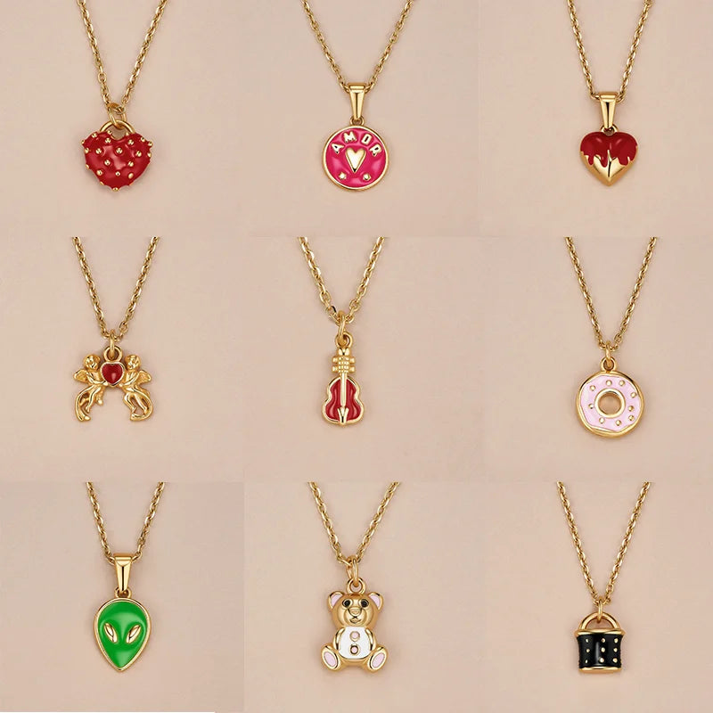 Trendy Style 18K Gold Plated Enamel Bear Lock Necklace Gift Stainless Steel Red Enamel Heart Pendant Necklaces for Women