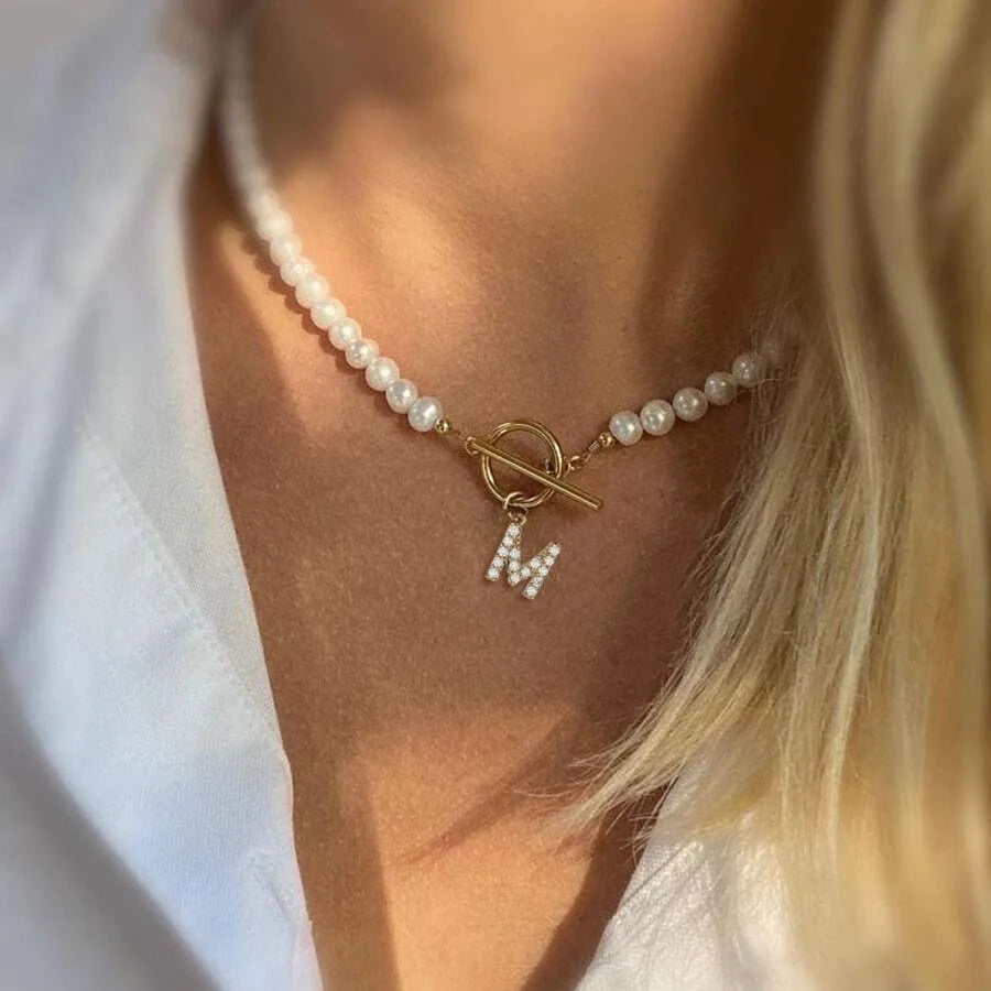 Fashion Faux Pearl Beaded Choker Alphabet Necklace Women Cubic Zirconia CZ A-Z Initial Letter Charm Necklace