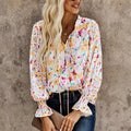 Rose/Blue  Floral Blouse Women Summer AUtumn Ruffled Split V Neck Long Sleeve Classic Plus Size S-2XL Blouse Top