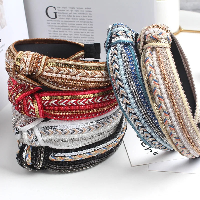 Customized Korean Ethnic Drill Knot Headband Diamond Pearl Sequin Knotted Hair Band Colorful Wide-Brimmed Hair Accessories