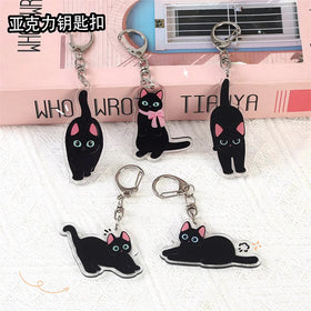 China Cute Cartoon Black Cat Acrylic Keychain Black Cat Pendant for School Bag Purse Keys Kawaii Keyring