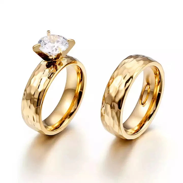 SC 18K Gold Plated Wedding Engagement Rings Couple Ring Set Stainless Steel Zircon Diamond Ring Jewelry for Men Women