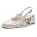 Pearl Word Buckle High Heels Summer Toe Sandals Women's Thick Heel Middle Heel New Patent Leather Daily Life Shoes