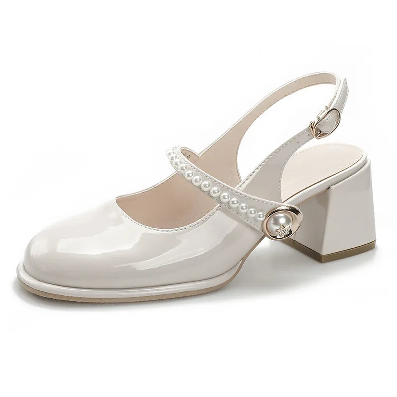 Pearl Word Buckle High Heels Summer Toe Sandals Women's Thick Heel Middle Heel New Patent Leather Daily Life Shoes