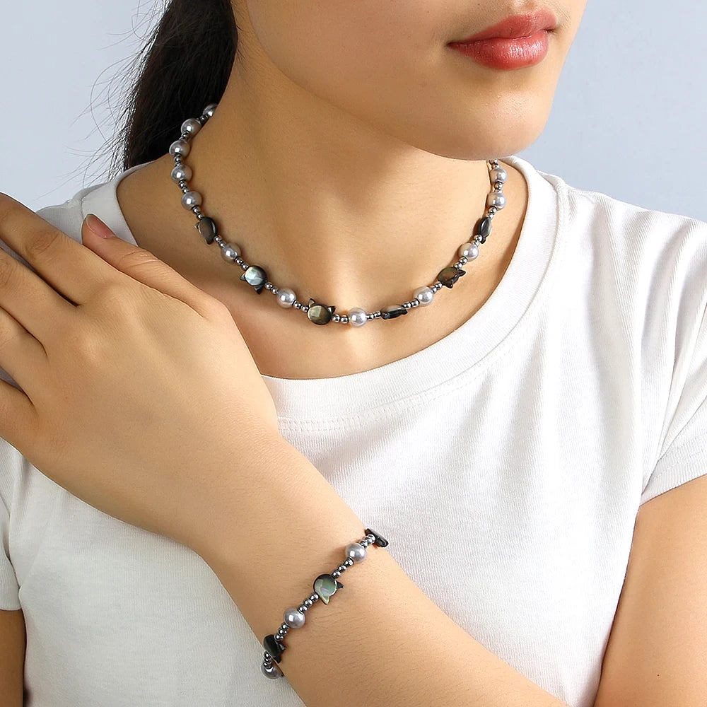Fashion Niche Design High-end cat Head Mother-of-pearl Imitation Pearl Necklace Collarbone Chain Bracelet Set