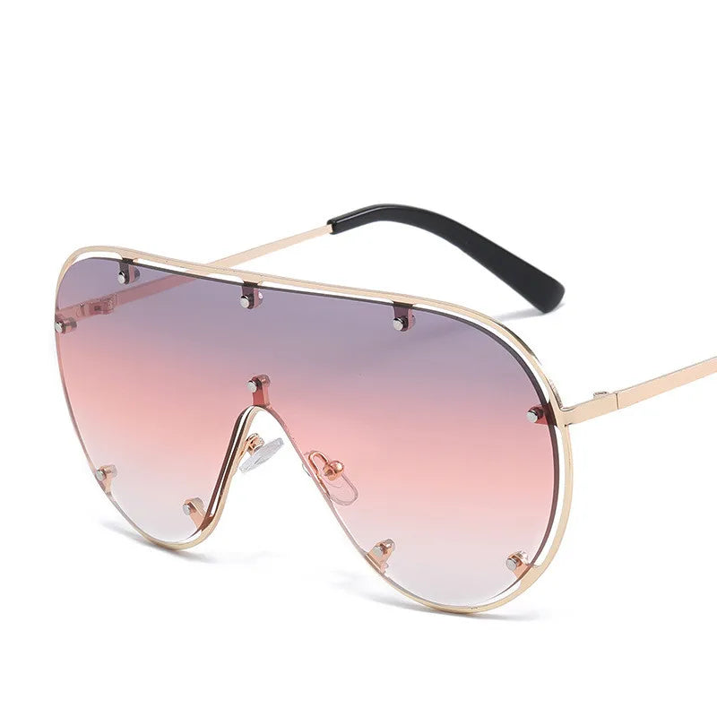 New Fashion Men and Women One Piece Large Frame Metal Personality Rivets Retro Trendy Frameless Large Frame Sunglasses for Girls