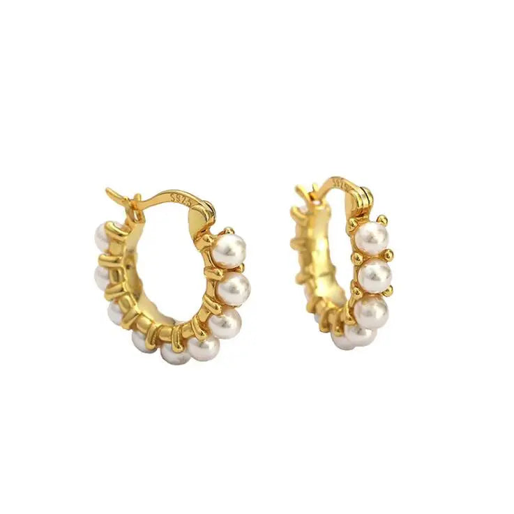 Sterling Silver Womens Wedding 18K Gold Plated Jewelry Bridesmaids Beaded Pearl Hoop Earrings Minimalist Huggie Earrings