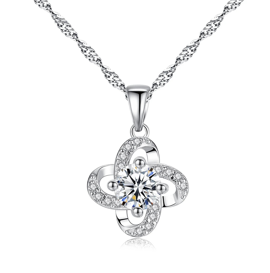 Daidan Necklace Flower Elegant Zircon Real Silver 925 Rhodium 4 Leaf Clover Necklace