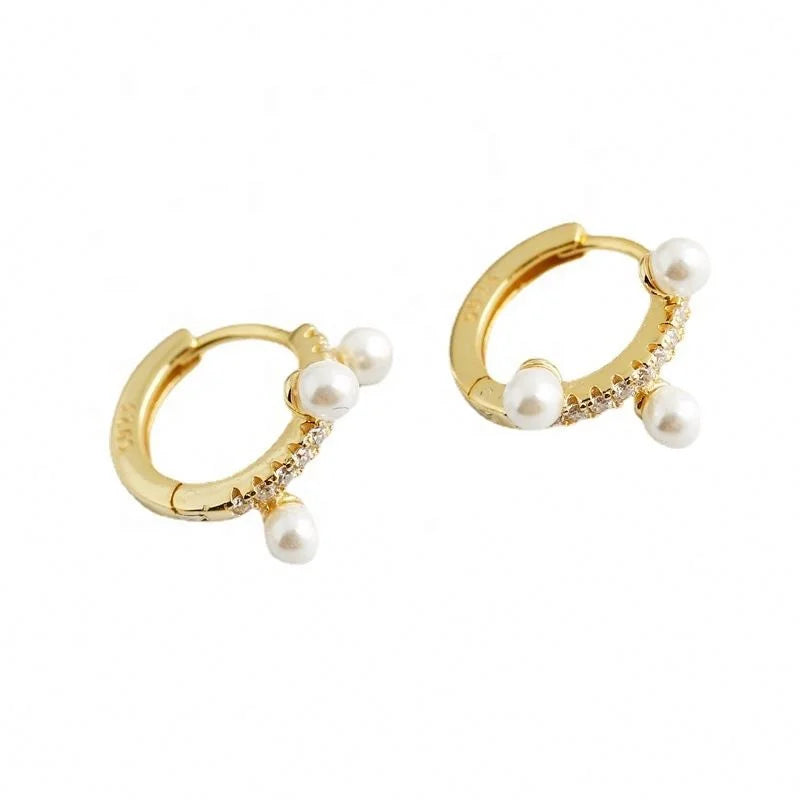 2023 NEW 925 Sterling Silver Pearl Earrings with Cz Diamond 18K Gold Plated Hoop Earrings for Women