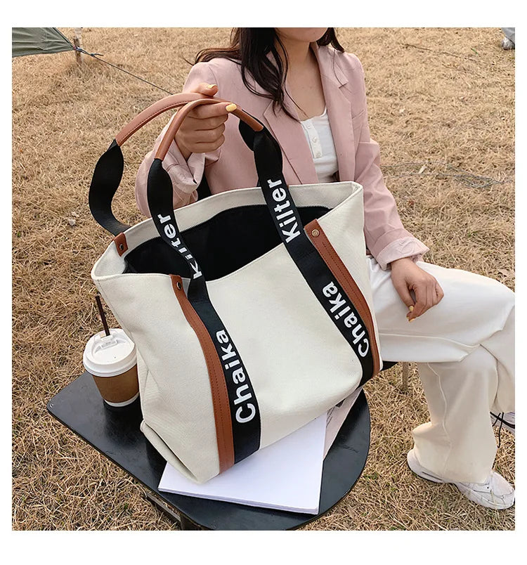 New Arrive Custom logo Women's Canvas Tote Bags Reusable With Zipper Ladies Large Capacity Heavy Duty Shoulder Canvas Bag