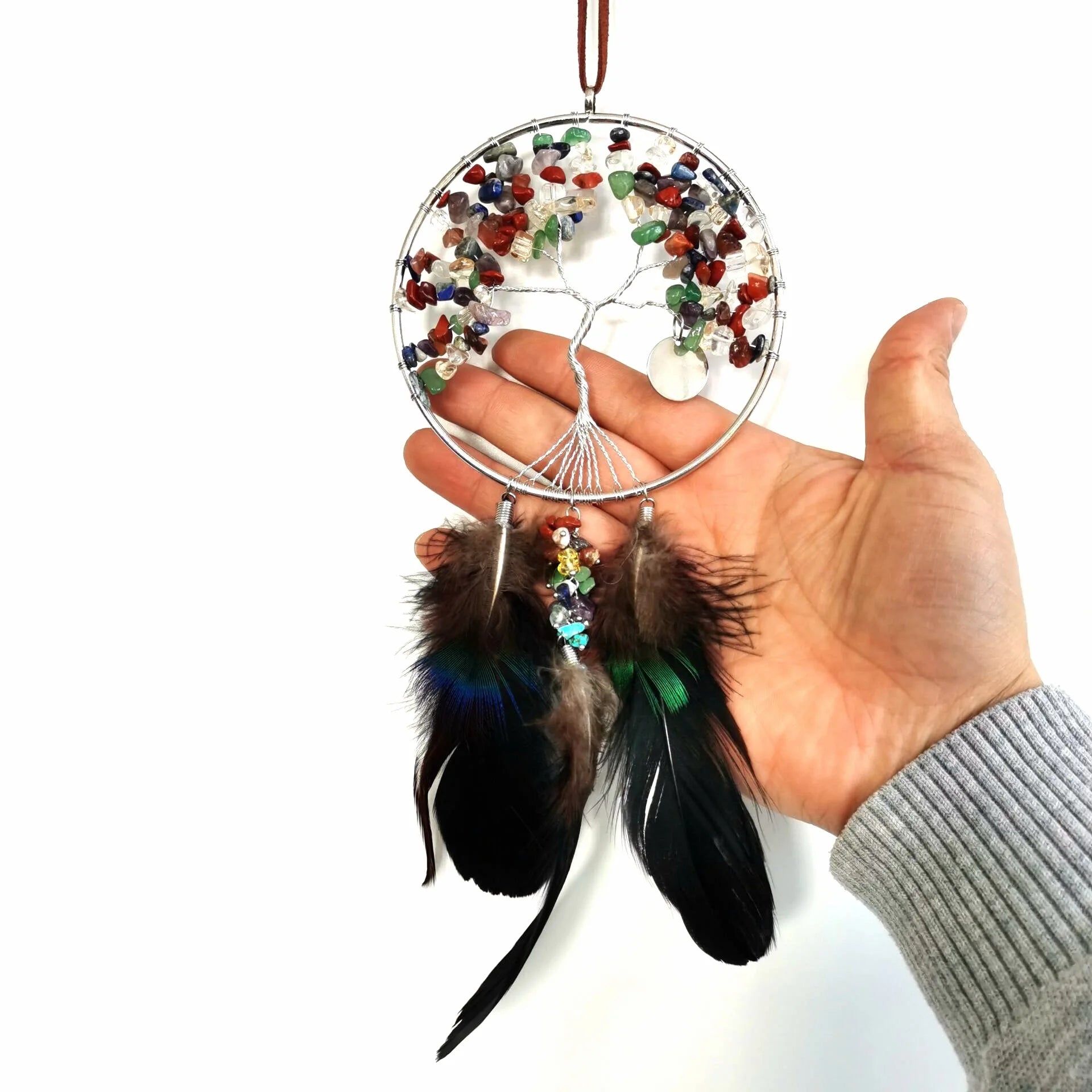 Hongzhuo Chakra Stones Healing Crystals Tree of Life Feather Wind Chime Catcher Wall Hanging Ornament Decoration for Good Luck Meditation