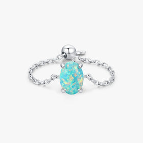 925 Sterling Silver Fine Jewelry Daily Accessories Fashion Oval Lake Blue Opals Adjustable Link Chain Rings for Women