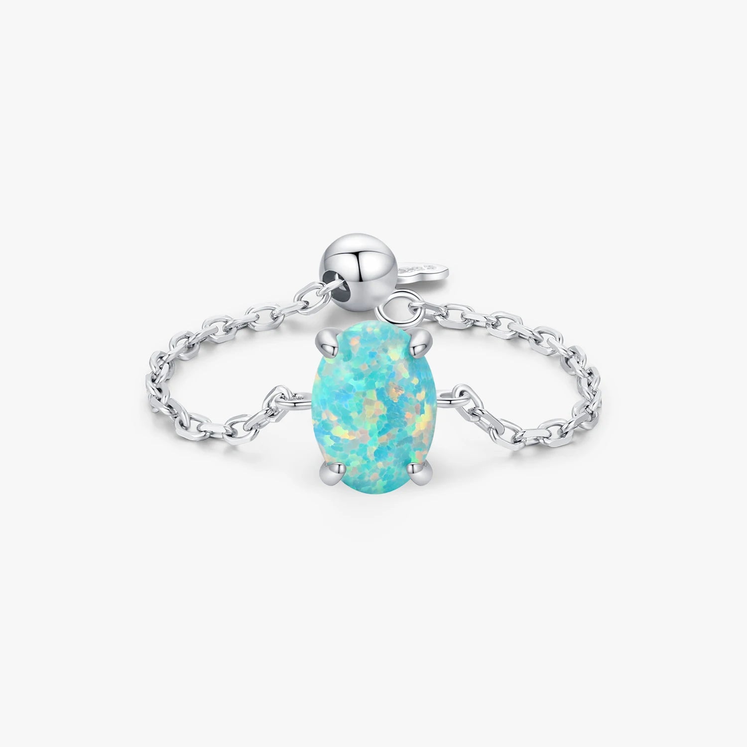 925 Sterling Silver Fine Jewelry Daily Accessories Fashion Oval Lake Blue Opals Adjustable Link Chain Rings for Women