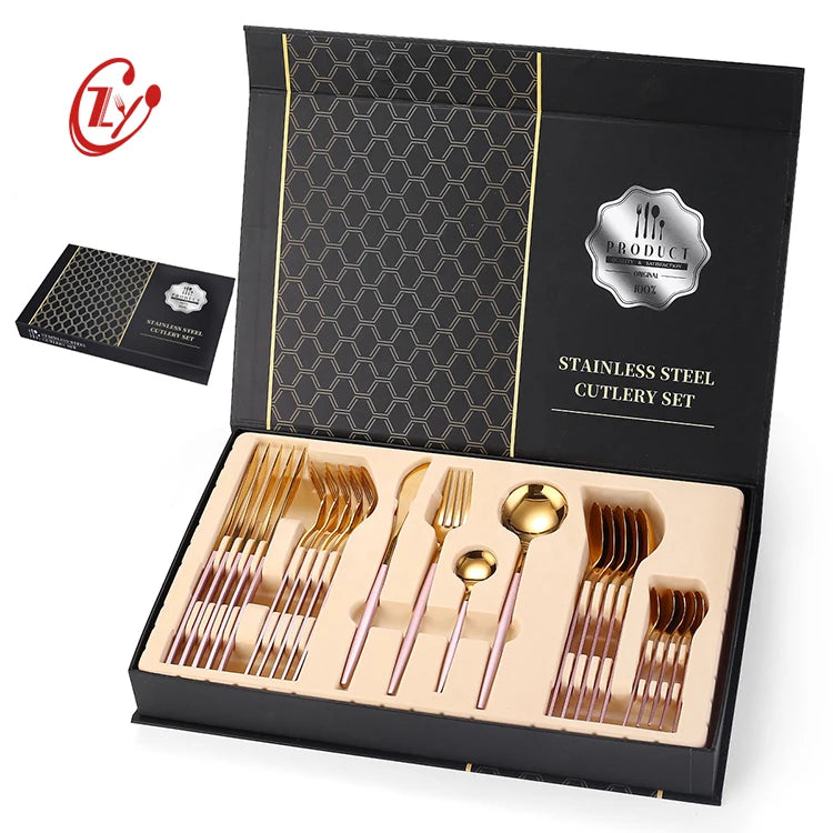 High End Luxury Royal Pointed Tail Pink Handle Flatware Set Stainless Steel Gold Cutlery Set for Wedding