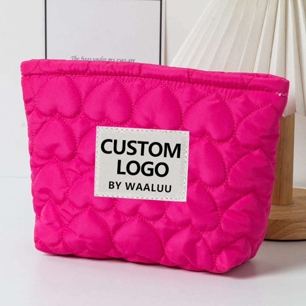 Large Capacity Travel Pouch Puffer Cosmetic Bag Valentines Day Gift Women Quiltted Heart Cute Embroidery Puffer Make up Beauty