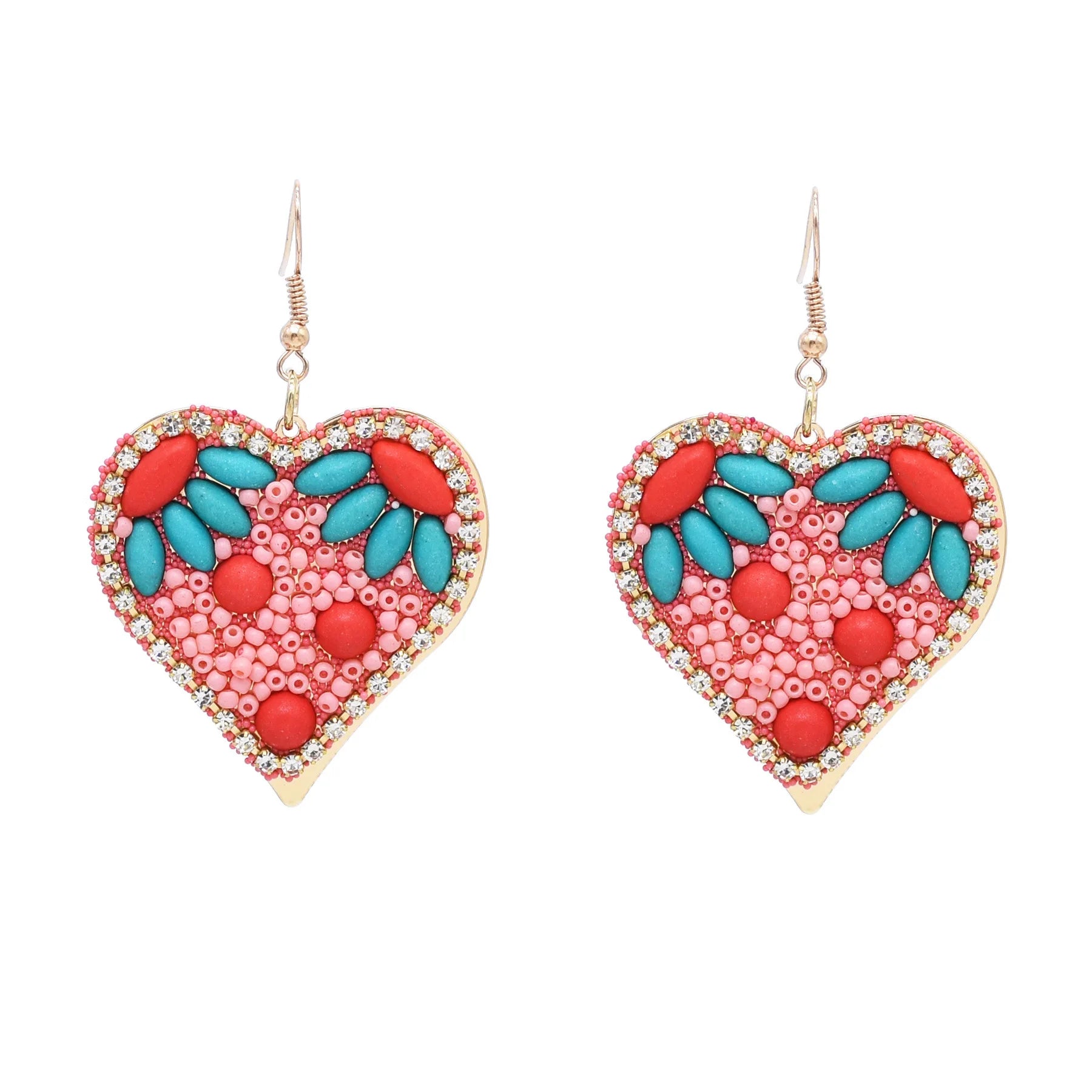 Women's Handmade Bohemian Gold-Plated Love Heart Earrings Vintage Style Beaded Rhinestone Dangle Drop Earrings