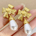 Kaimei Fashion Jewelry Medieval Style Golden Bow Earrings Metal Style French Niche Design Water Drop Pearl Earrings