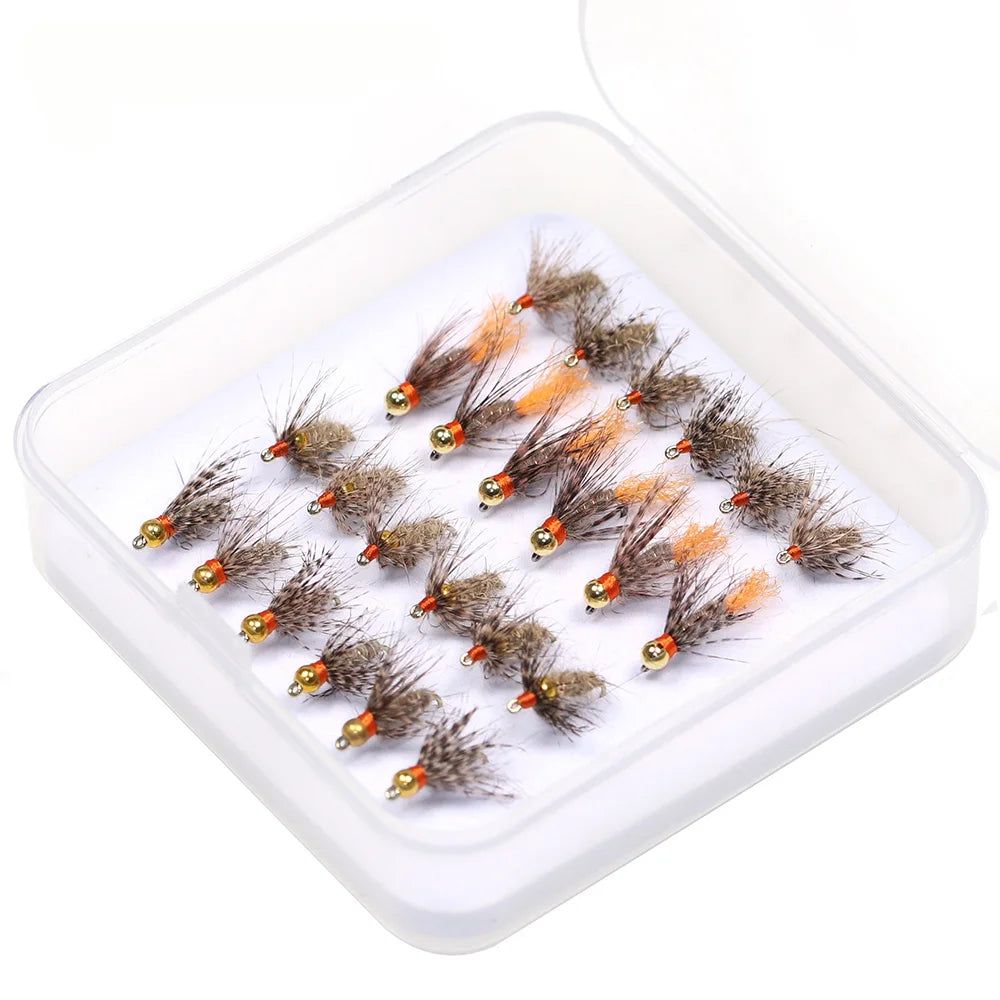 24pcs /Box Kit Tungsten Bead Head/Brass Beadhead/ Jig Hook Soft-Hackle Hare's Ear Fly for Trout Bass Perch Fishing Lures 14#