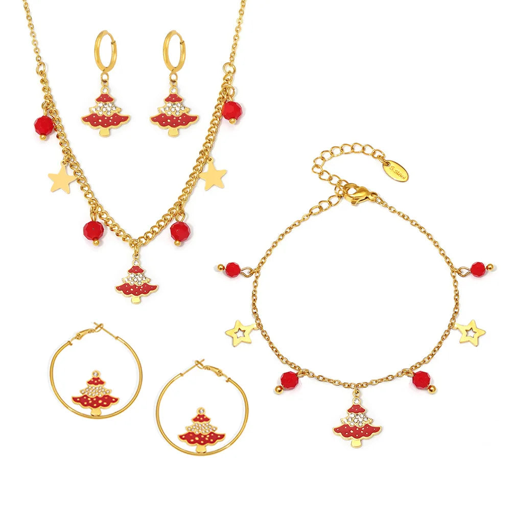 Stainless Steel 18k Gold Plated Jewelry Set Enamel Glazed Zircon Christmas Tree Pendant Necklace Garnet Bracelet YF6055