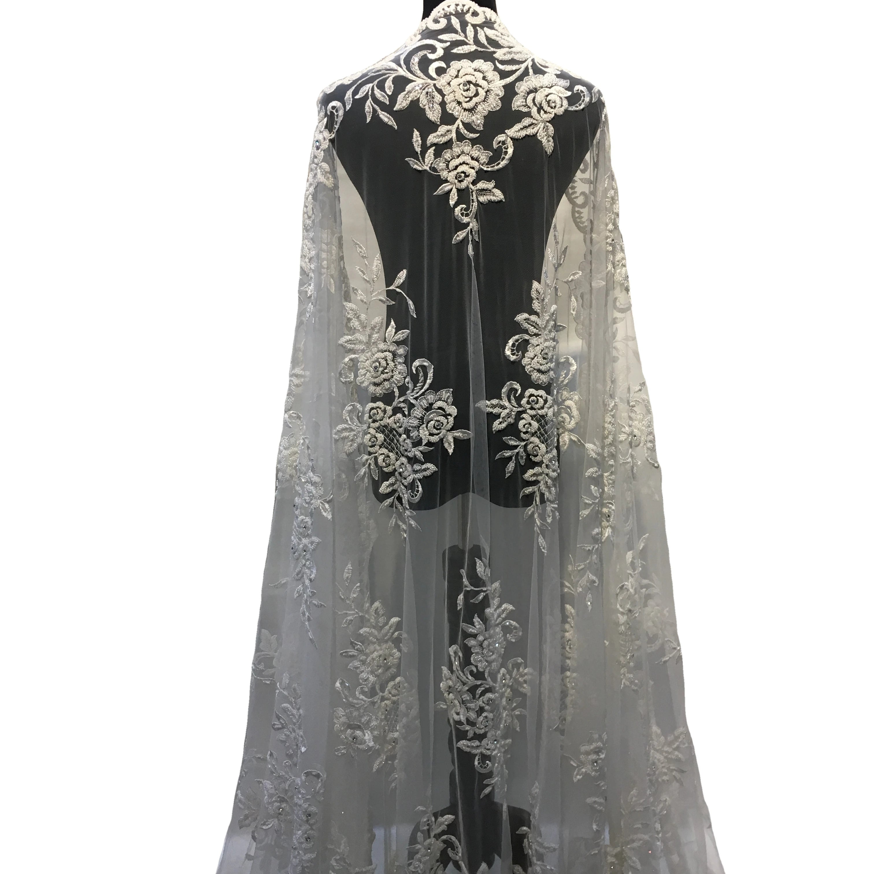 Luxury French Bridal Lace Beaded Embroidery Fabric White Floral Sequins Lace Fabric for Wedding Dress