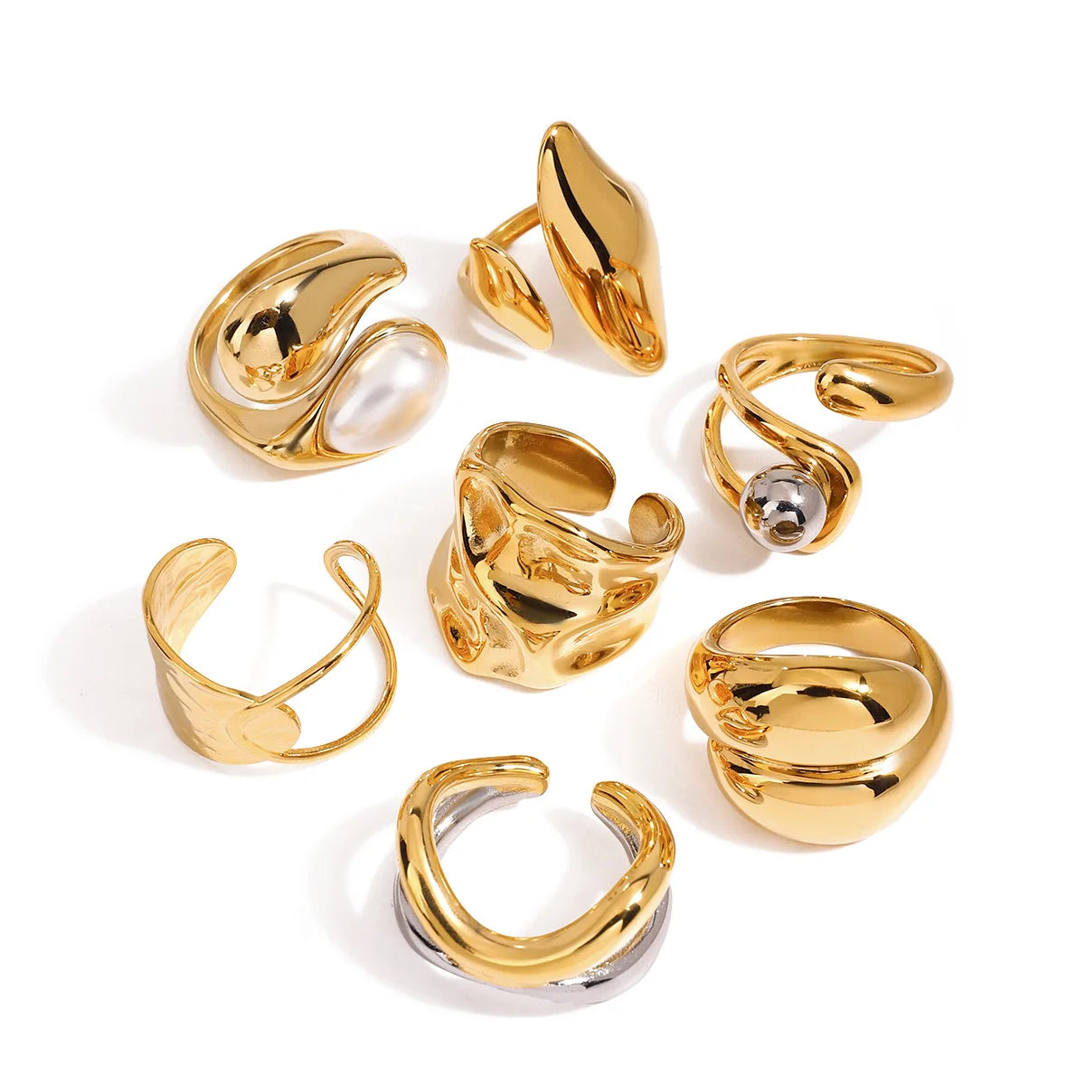 X104 Wholesale Gold Plated Non Tarnish Stainless Steel Irregular Hollow Open Ring Women's Geometric Pearl Ring Fashion Jewelry