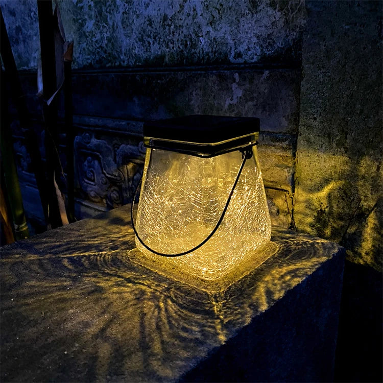 Howlighting IP65 LED Waterproof Solar Crack Hanging Light Outdoor Square Plastic Table Lamp Mason Jar Votive Garden Light