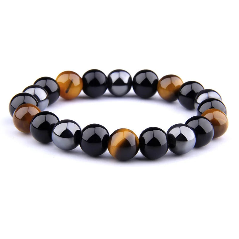 Bring Luck and Prosperity Natural Hematite Black Obsidian Tiger Eye Stone Triple Protection Bracelet for Men Women