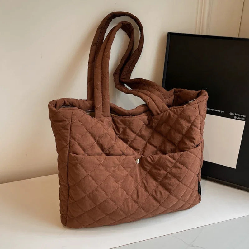 Casual Large Capacity Women's Book Tote Bag Fashion Rhombus Commuter Ladies Shoulder Bags Quilted Solid Color Female Handbags