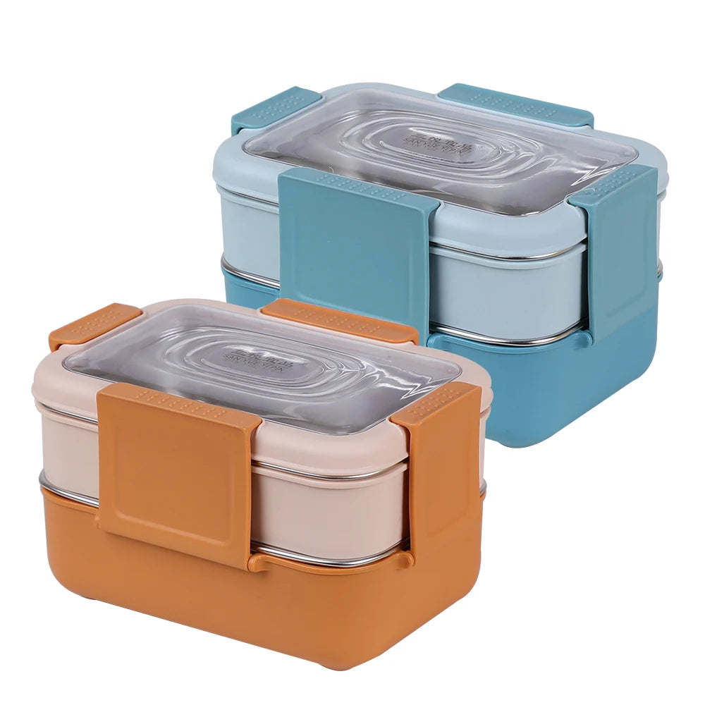 2 Layers Tiffin Portable Plastic Lunch Box Plastic 304 Stainless Steel Bento Lunch Box for School Students Office Lady