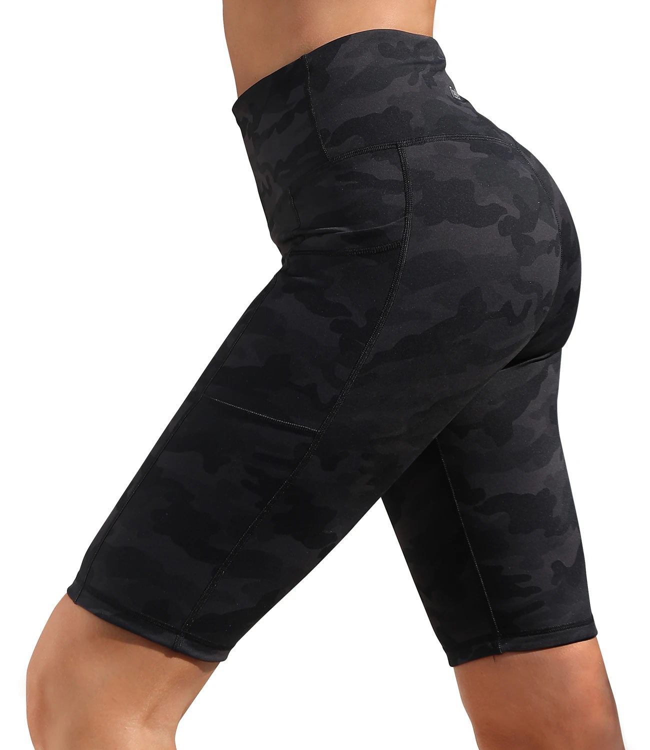 Women's Camo High Waist Workout Shorts with Side Pockets Knee Length Yoga Biker Athletic Invisible Pockets Running Shorts