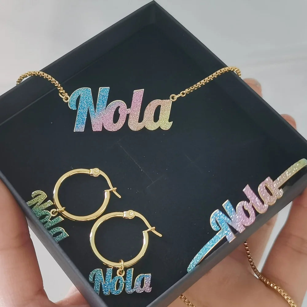 QIiuhan Stainless Steel Custom Name Necklace Bracelet Earrings Set 20mm Hoop Dangling Wedding Box Chain Personalized Engraved