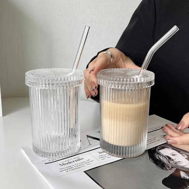 17.5oz Xinye XY-16 Contemporary Vertical Stripes Glass Coffee Mug with Clear Glass Lid Elegant Design for Home & Office Use