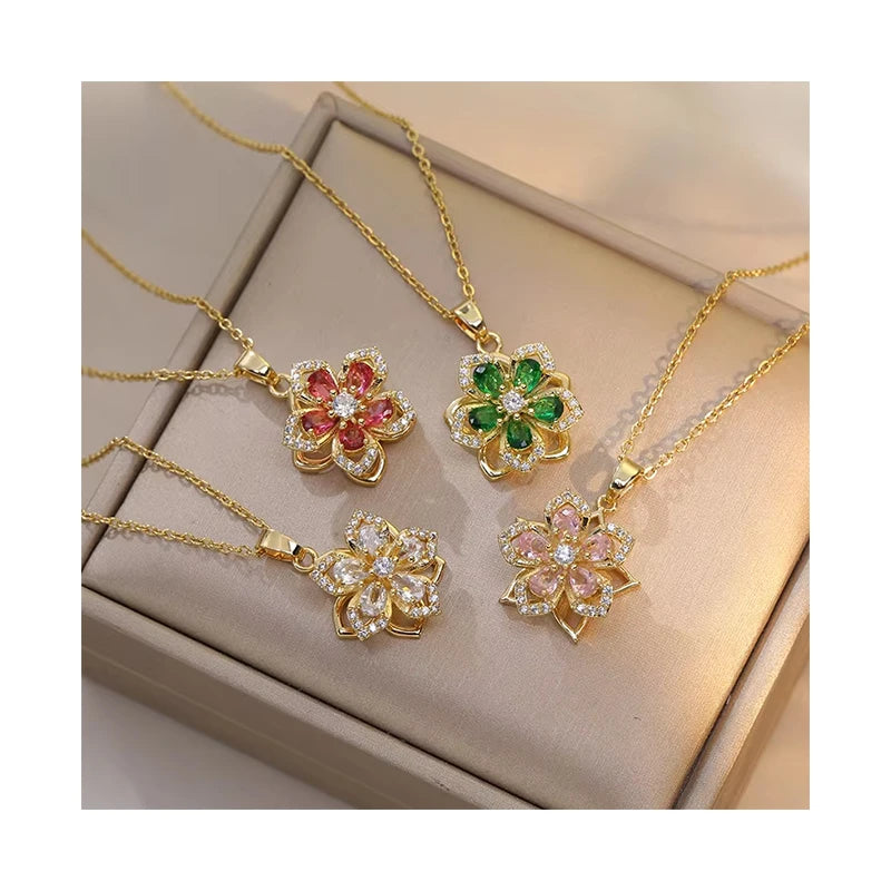 High Quality Custom Zircon Crystal Diamond Necklace Luxury Gold Flower Rotating Stainless Steel Necklace Jewelry for Women