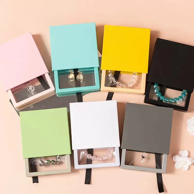 MU Heavy Quality Jewelry Box Paper Sleeve Packing Drawer Paper Box Gift Ring Earrings Necklace Packaging PE Film Box