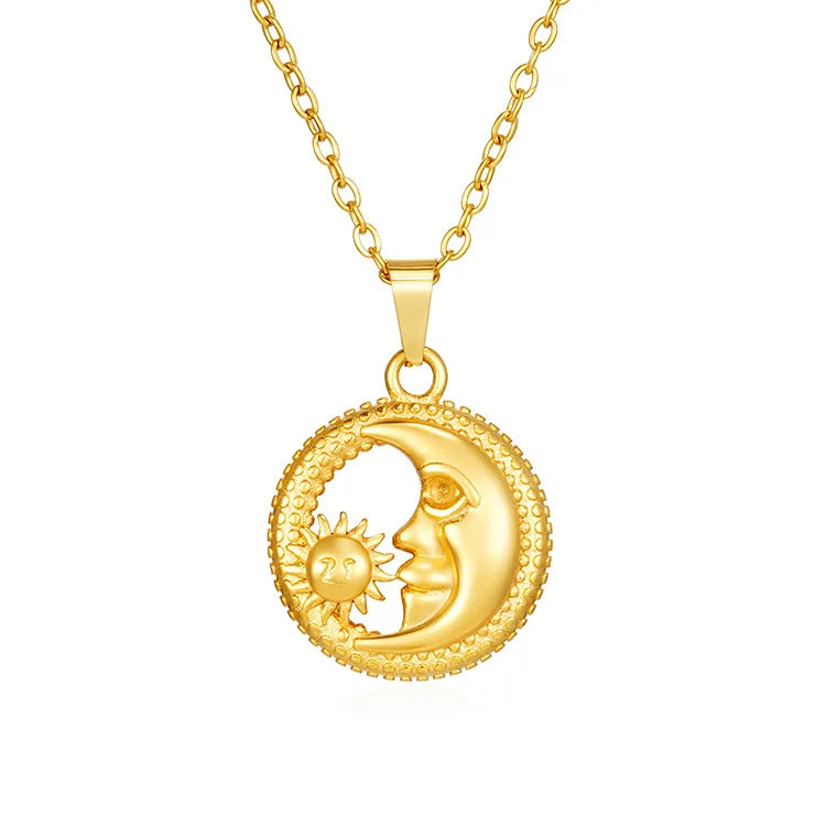 Creative Design Sun Face Moon Face Embedded Hollow Ring Pendant Stainless Steel Necklace Bohemian for Women Fashion 18K Gold